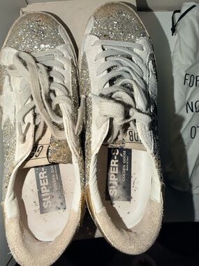 Golden Goose Super-Star Sneakers in White and Gold Glitter